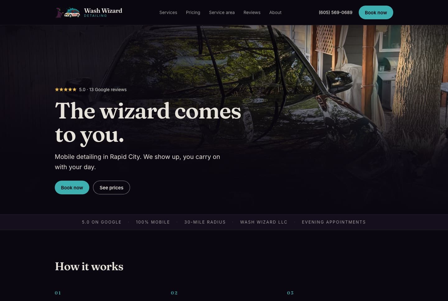 Wash Wizard Detailing website: dark hero with the headline The wizard comes to you, over a photograph of a freshly detailed car.